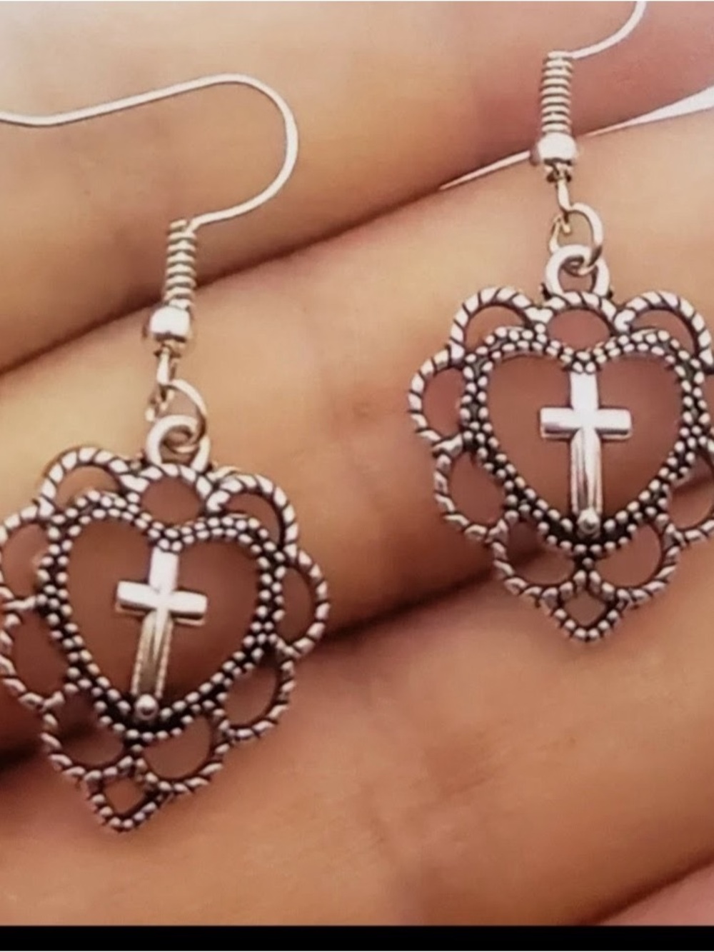 Beginning Boutique Silver Heart Cross Dangle Earrings - Picture 2 of 2